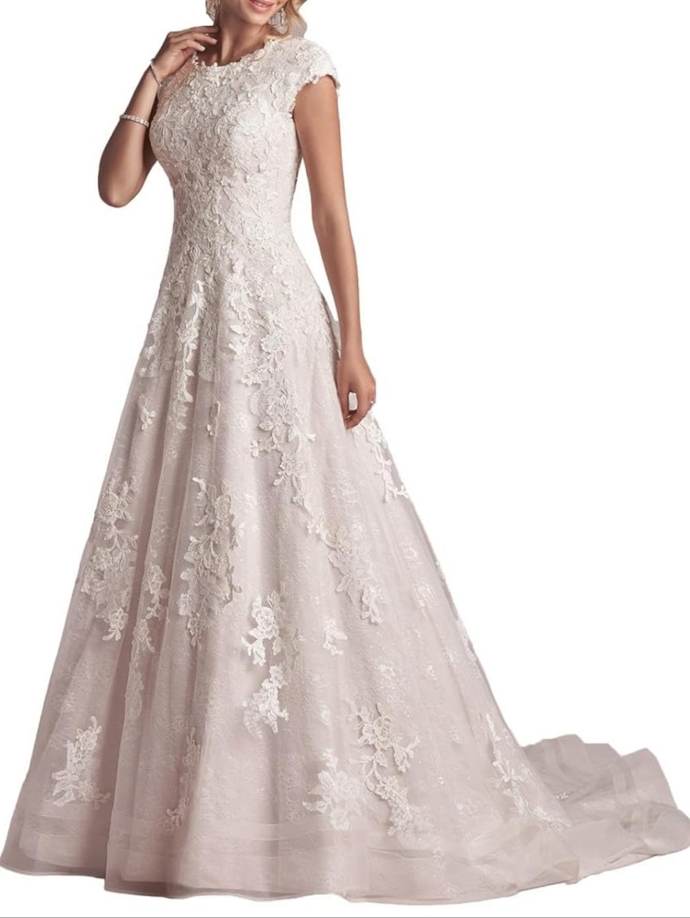 Miao Duo Women's White Cap Sleeve Lace Appliqued Wedding Dress Plus Size White
